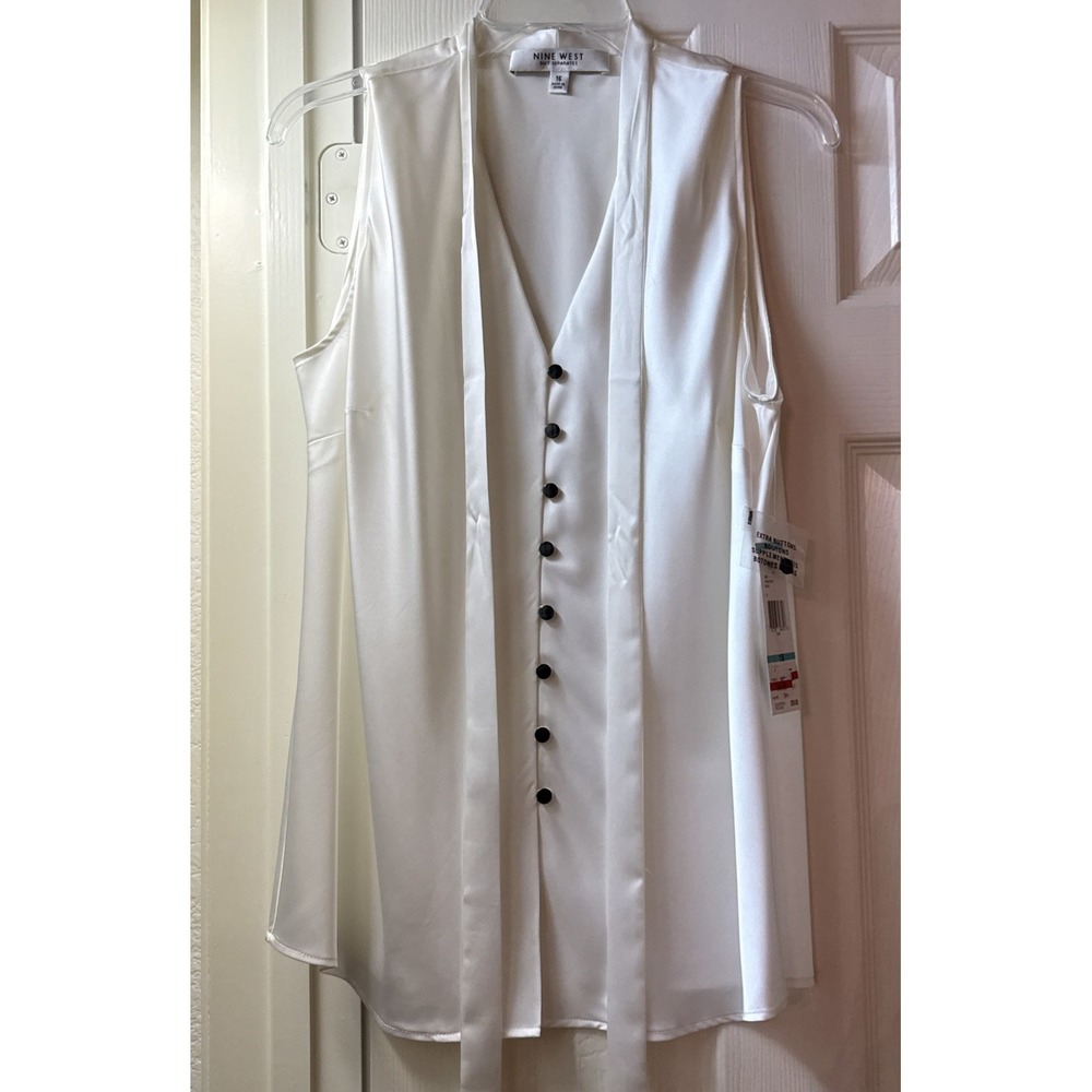 Nine West Suit Separates Cream Sleeveless Blouse Button Front Tie Neck Top 16